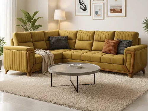 6-Seater L-Shaped Sectional Sofa in Mustard Yellow Fabric with Teak Wood Frame