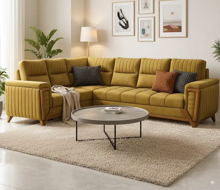 6-Seater L-Shaped Sectional Sofa in Mustard Yellow Fabric with Teak Wood Frame