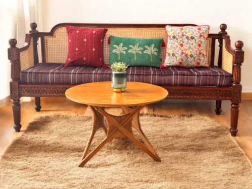 Hanoi Diwan cot, Teak Wood, Natural cane weaving on back side, Wooden armrest, carving work on front side, Multi colour stripe suede fabric