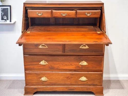 Teak Wood study table, foldable writing space, Storage on front side, Brass Handle, Solid wooden frame