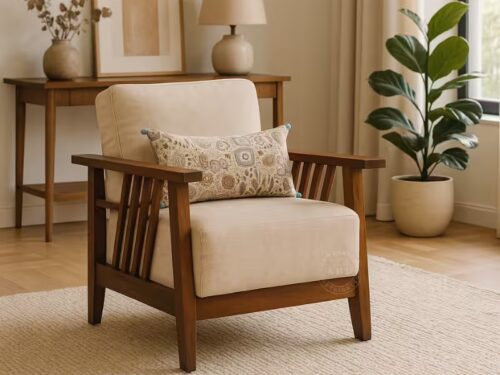colombo single seater teak wood sofa with cushion - ahd furniture