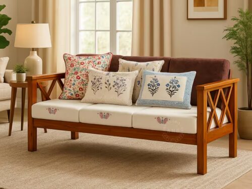 nano three seater teak wood sofa with cusion (2)