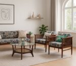 ribble 3+1+1 seater teak wood sofa with floral cushion (3)