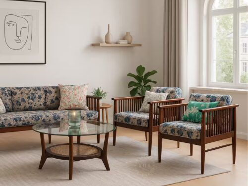 ribble 3+1+1 seater teak wood sofa with floral cushion (3)