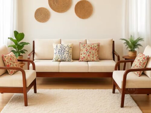 stan wooden sofa set 3+1+1 in mahogany with cushion - ahd furniture