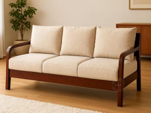 stan wooden sofa three seater in mahogany with cushion - ahd furniture