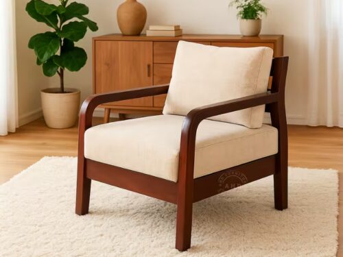 stand wooden sofa single seater in mahogany with cushion - ahd furniture