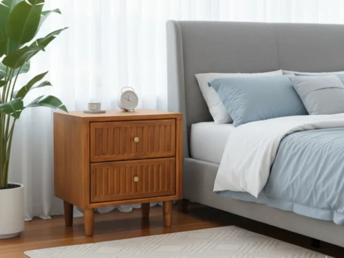 Chelsea Bedside Table, solid Teak wood, two drawers, reeded or fluted texture, and round brass pulls.