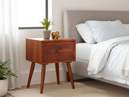 Kima Bedside Table, solid Teak wood nightstand with one drawer, featuring a round pull, tapered legs, and a warm, natural wood finish.