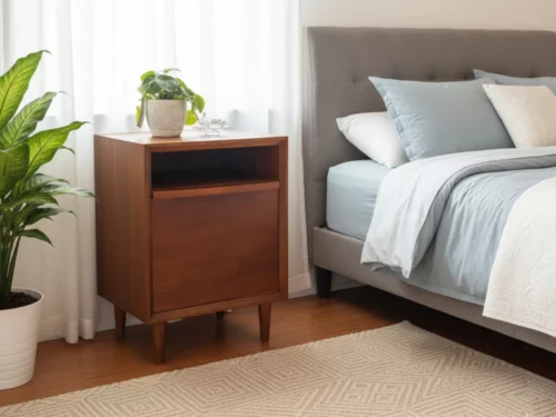 Roma Bedside Table, solid Teak wood nightstand with one open shelf and one drawer, featuring a warm natural finish and modern, clean design.