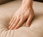 Royal Teak Wooden Sofa hand pressing on cushion to show high desnsity foram