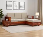 Modern L-Shaped Wooden Sofa with Storage – 5 Seater Corner Sofa in Beige Cushions & Teak Wood Finish - Teak Wood, Corner Sofa