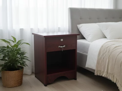 Dark engineered wood bedside table with lockable drawer, metallic handle, open shelf, and compact design