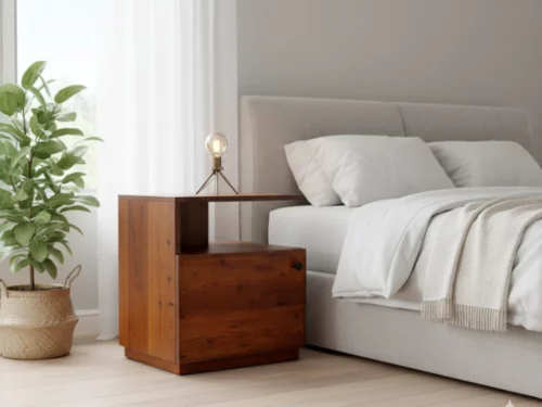 Modern white bedside table (nightstand) with two drawers and silver round knobs, featuring a clean, flat top surface.