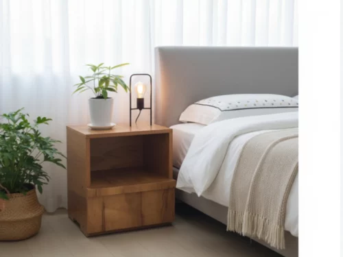 Natural wood bedside table with open shelf, lower drawer