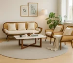 Tropicana Teak Wood Rattan Sofa Set – 5 Seater (3+1+1) with Beige Cushions