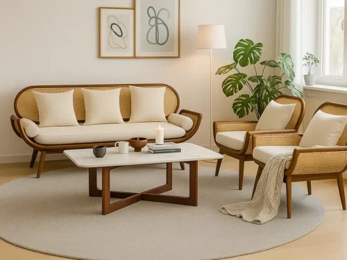 Tropicana Teak Wood Rattan Sofa Set – 5 Seater (3+1+1) with Beige Cushions