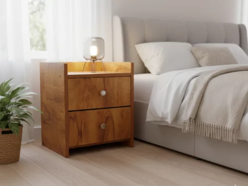 Classic wood grain 2-drawer bedside table (nightstand) with silver round knobs and a slightly raised top edge, shown in a cozy bedroom