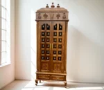 pooja unit, kerala teak wood, bell on front door, spiral carving works, drawers with brass handle