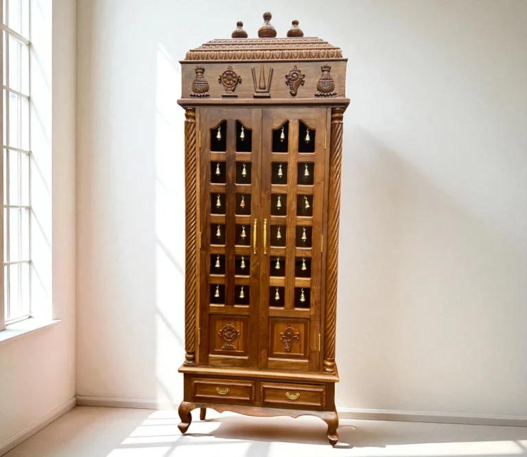 pooja unit, kerala teak wood, bell on front door, spiral carving works, drawers with brass handle