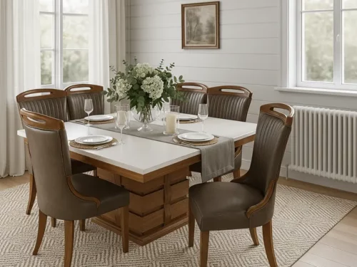 8-Seater Solid Teak Wood Dining Table Set with Marble Top (3)