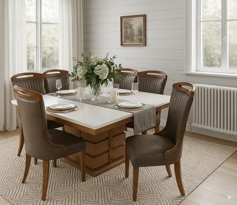 8-Seater Solid Teak Wood Dining Table Set with Marble Top (3)