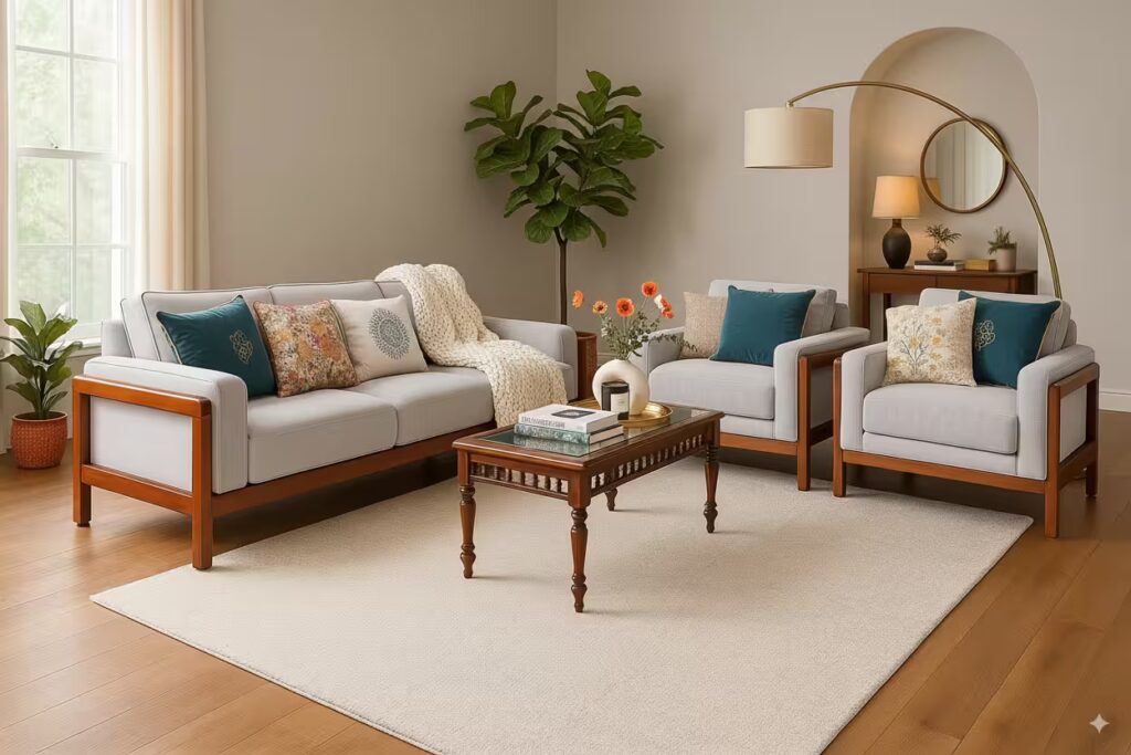 Dimple Teak Wood Sofa, Light Grey Fabric Upholstery, High Density Spring Cushion, Handcrafted, Termite Resistant