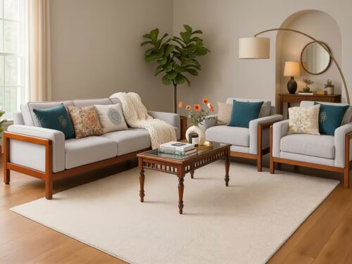 Dimple Teak Wood Sofa, Light Grey Fabric Upholstery, High Density Spring Cushion, Handcrafted, Termite Resistant