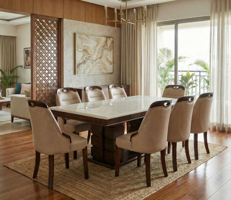 Eden Teak Wood Rectangular Marble Top Dining Table Set With 6 Chairs