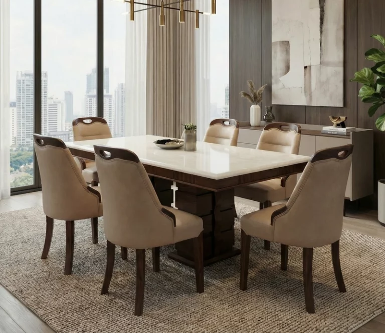 Eden Teak Wood Rectangular Marble Top Dining Table Set With 6 Chairs