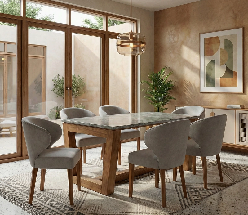Elon Wooden Dining Set With Marble Top and 6 Chairs