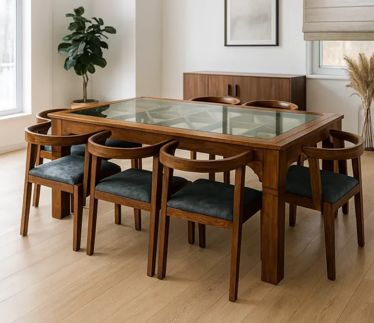 Moscow 8 Seater Dining Table With Glass Top Set In Teak Wood with 6 chairs