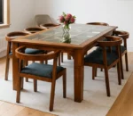 Moscow 8 Seater Dining Table With Glass Top Set In Teak Wood with 6 chairs