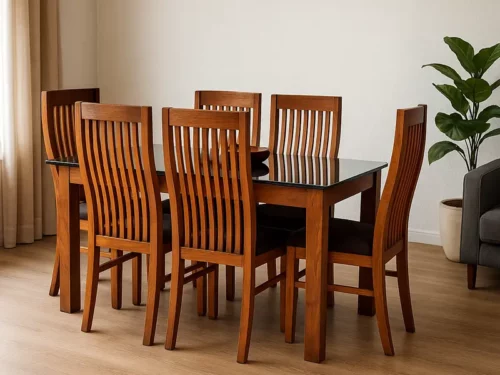 Plain 6 Seater Wooden Dining Table Set With Curved Reaper Chair in teak wood (3)