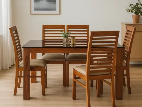 Plain 6 Seater Wooden Dining Table Set With Reaper Chair in Teak Finish