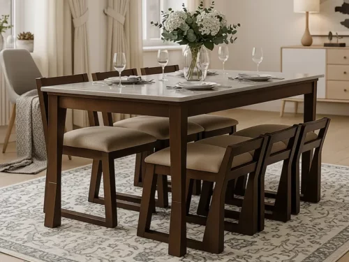 Zeiko 6 Seater Dining Table Set With Marble Top in Mahogany Wood