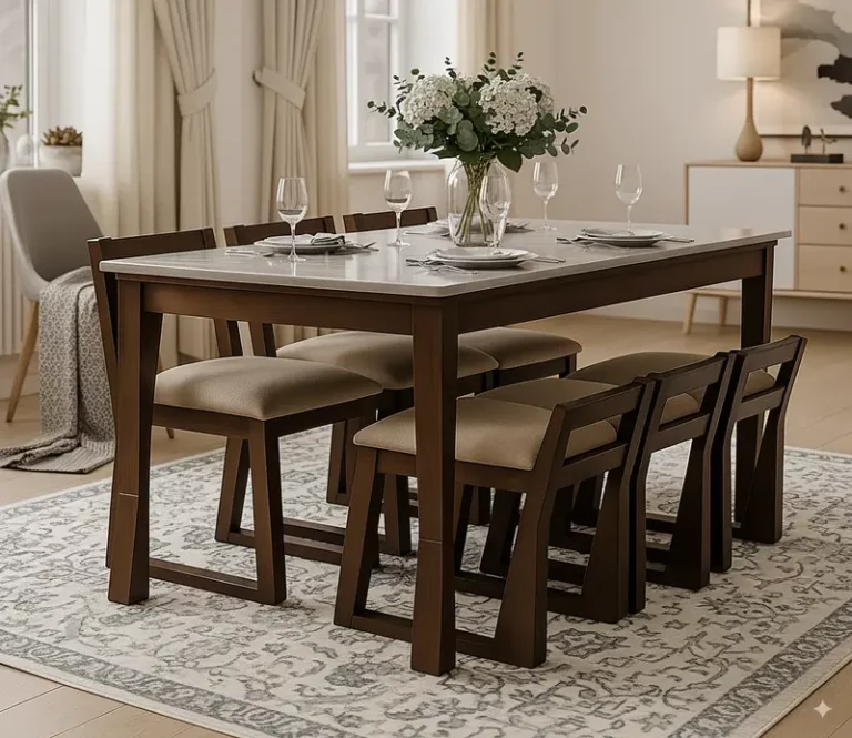Zeiko 6 Seater Dining Table Set With Marble Top in Mahogany Wood