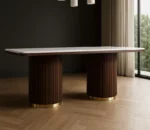 Aurora Marble Dining Table – Fluted Wooden Pedestal Base (6-Seater) - Teak Finish - Image 2