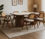 Aurora Marble Dining Table – Fluted Wooden Pedestal Base (6-Seater) - Teak Finish - Image 9