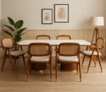 Aurora Marble Dining Table – Fluted Wooden Pedestal Base (6-Seater) - Teak Finish