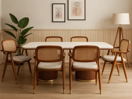 Aurora Marble Dining Table – Fluted Wooden Pedestal Base (6-Seater) - Teak Finish