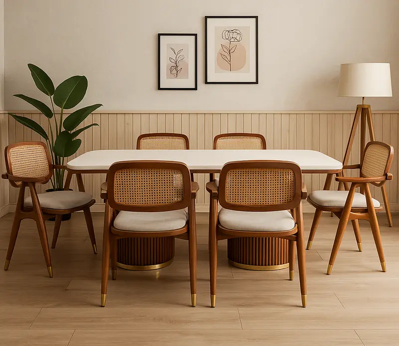 Aurora Marble Dining Table – Fluted Wooden Pedestal Base (6-Seater) - Teak Finish (5)_result Aurora Marble Dining Table – Fluted Wooden Pedestal Base (6-Seater) - Teak Finish - Image 1