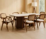 Aurora Marble Dining Table – Fluted Wooden Pedestal Base (6-Seater) - Teak Finish - Image 5