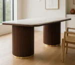 Aurora Marble Dining Table – Fluted Wooden Pedestal Base (6-Seater) - Teak Finish - Image 10