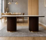 Aurora Marble Dining Table – Fluted Wooden Pedestal Base (6-Seater) - Teak Finish - Image 3