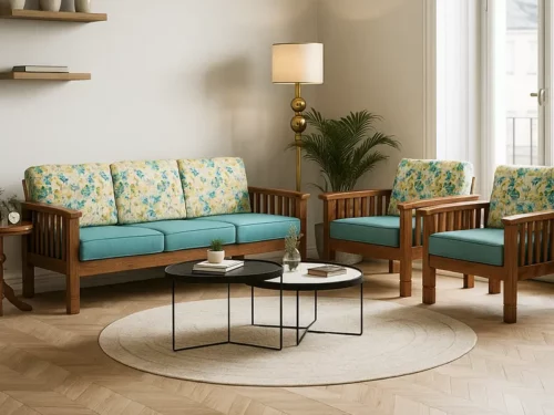 Floral Bliss Solid Wood Sofa Set – 3+1+1 Seater with Teal Upholstery (1)