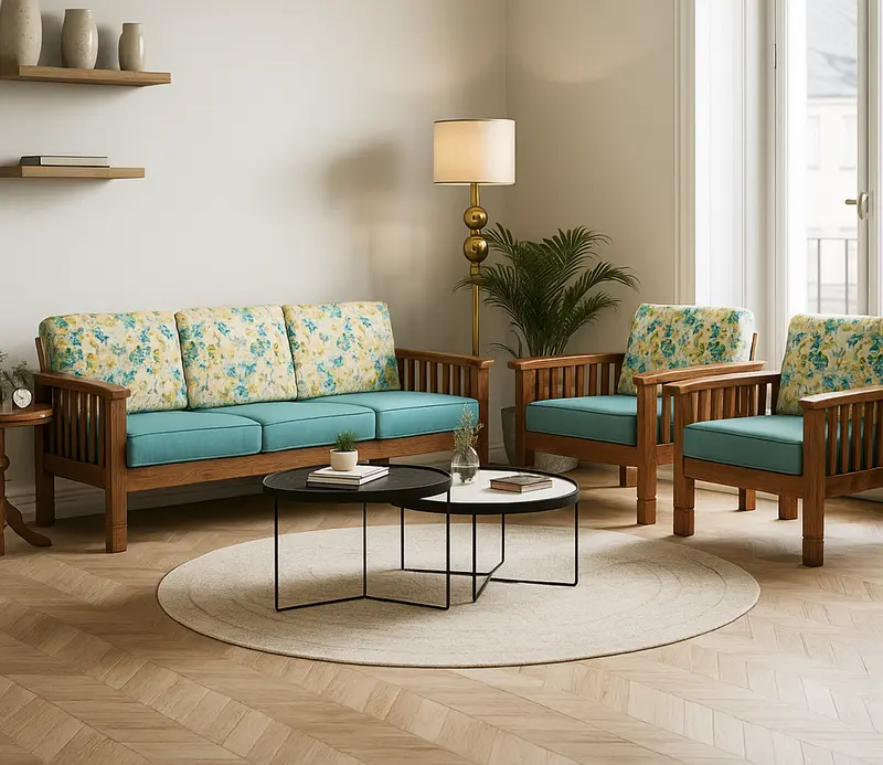 Floral Bliss Solid Wood Sofa Set – 3+1+1 Seater with Teal Upholstery (1)