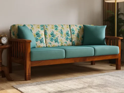 Floral Bliss Solid Wood Sofa Set – 3+1+1 Seater with Teal Upholstery (1)