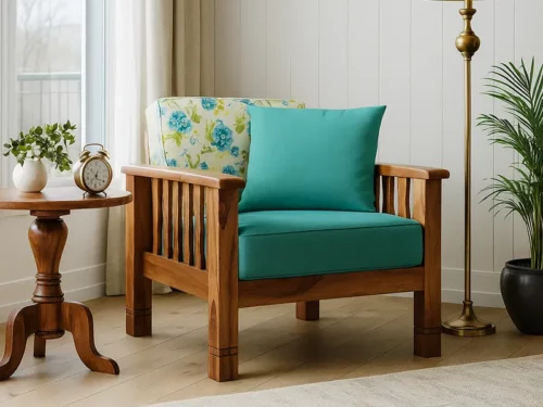 Floral Bliss Solid Wood Sofa Set – 3+1+1 Seater with Teal Upholstery (1)