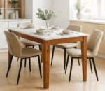 Geon 6 Seater Wooden Dining Table Set with Marble Top – Premium Teak Wood Finish